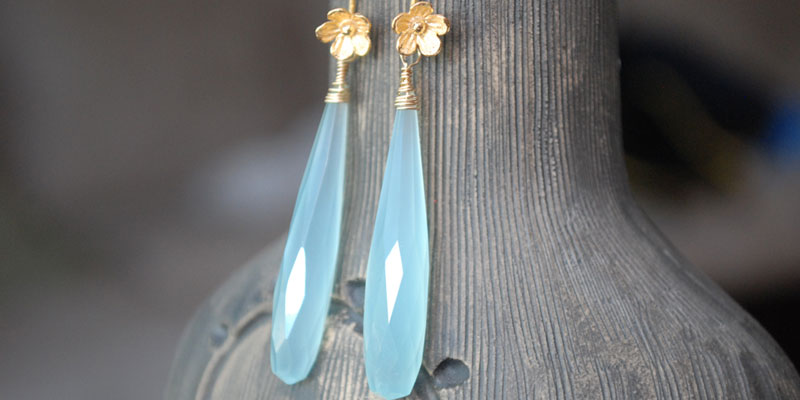 blue chalcedony drops with vermeil flowers
