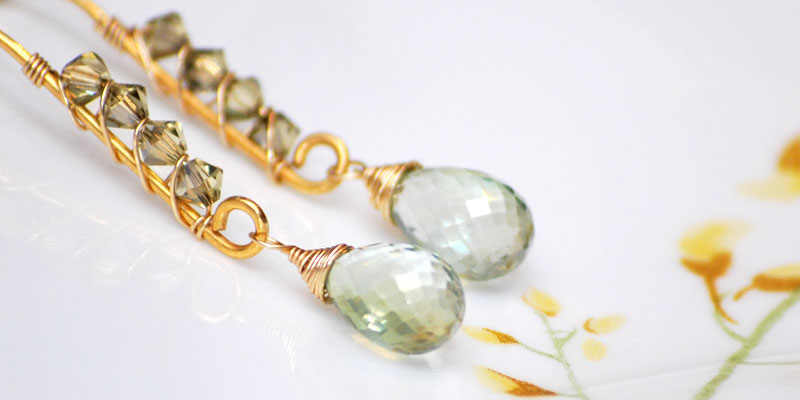 green mystic quarts briolettes and Swarovski crystals are hand wire-wrapped with gold-filled wire