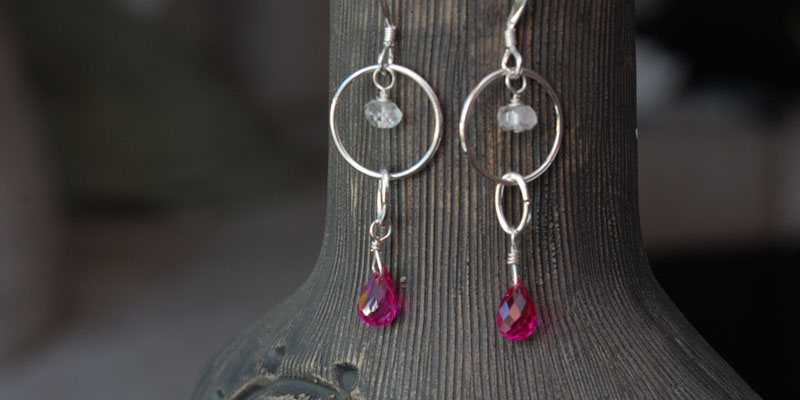 hot pink quartz faceted  briolettes and aquamarine rondelles in sterling silver