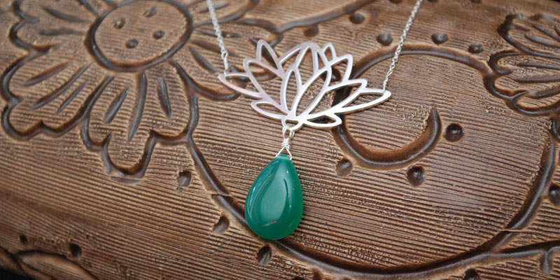 Green onyx teardrop and sterling silver lotus pendant