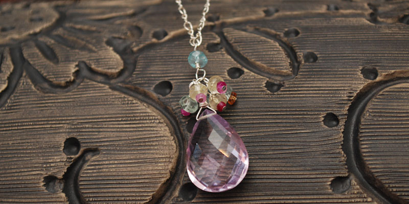 multi-color cluster aquamarine around a brilliantly   pink amethyst faceted  briolette Y-shaped necklace